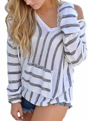 Charbolin Women's Casual Hoodie V-Neck Striped Long Sleeve Pocket Knitted Pullover Sweater
