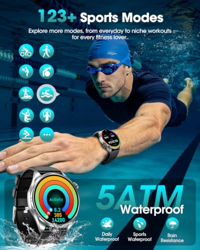 FOSMET Nuevo Reloj Inteligente Hombre con ECG/HRV/BMI, Android iOS Negro | 1.45" AMOLED, Micro Chequeo, 24H Frecuencia Cardíaca, Presión Arterial, SpO2, Sueño, 5 ATM, Llamadas, SOS, 120+ Deportivos