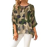 Rokou Women Chiffon Blouse Floral Batwing Sleeve Beach Cover Loose Tunic Shirt Tops