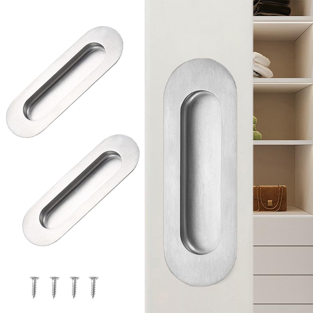 Deyixinup 2 PCS Side Hole Flush Pull Silver Oval Embedded Sliding Door Handle Stainless Steel Recessed Door Handles with Hidden Screws for Sliding Doors Cabinets Drawers Cupboard Wardrob