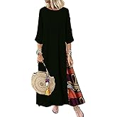 Women's Boho Floral Ethnic Linen Cotton Maxi Dresses 3/4 Sleeve Flowy Loose Casual Long Dresses Plus Size