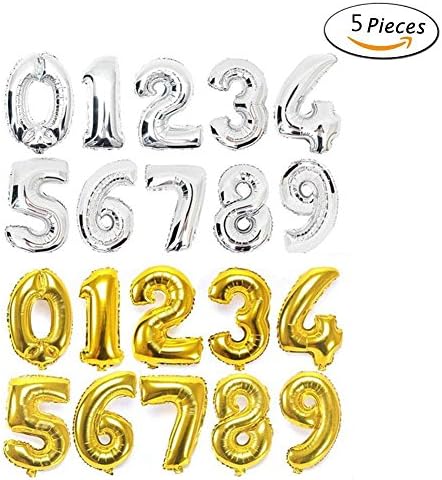 AxiEr Gold and silver 40"?Number 0-9 Aluminum Foil Digital Balloons for?Decoration Birthday ,Wedding 5 PCS