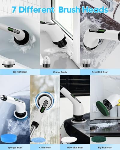 Electric Spin Scrubber for Cleaning Bathroom, Shower Cleaner Brush with Long Handle, Cordless Power Scrubber with 7 Brushes Heads, IPX7 Waterproof Scrub Brush Tool for Bath Tub Tile Grout Glass