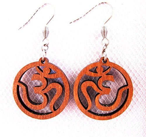 Wooden Drop Earrings Om, 0g, Sensitive Ears with Hypoallergenic Hooks, Laser Cut, Spiritual Jewelry, Yoga Boho Circle Earrings