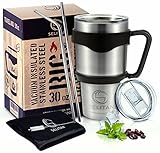 Stainless Steel Tumbler 30 Oz - Double Wall Vacuum Insulated Travel Mug with Handle, Two Tritan Lids, Two Straws, Cleaning Brush & Storage Bag. Keep Beverages Hot or Cold. by SELITAN