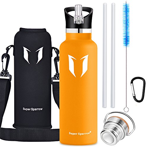Super Sparrow Stainless Steel Vacuum Insulated Water Bottle, Double Wall Design,Standard Mouth - 500ml & 750ml - BPA Free - with 2 Exchangeable Caps + Bottle Pouch (Mango, 750ml-25oz)