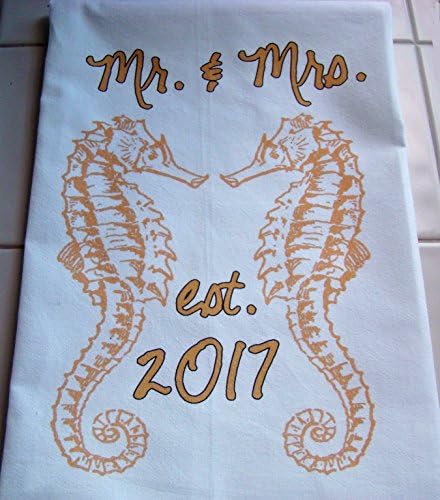 Mr. and Mrs. est 2017 Seahorse handmade tea towel
