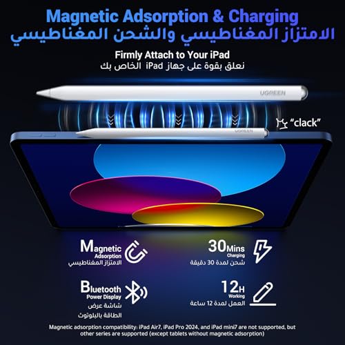UGREEN 2 in1 Magnetic Charging Stylus Pen for Apple iPad Tilt Sensitivity Fast Type-C & Magnetic Charging Bluetooth Power Display Palm Rejection iPad Stylus Pencil for iPad 2018-2022, Pro, Air 3,4,5