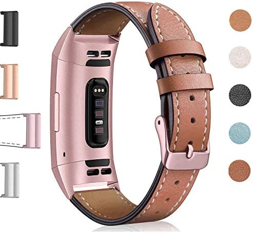 Hotodeal Leather Band Compatible Charge 3, Classic Replacement Genuine Leather Bands Metal Connectors Women Men Small Large Size Silver, Rose Gold, Black