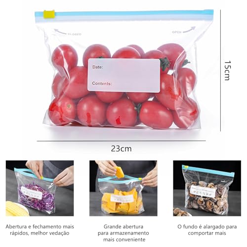 Saco Hermetico 90 Unidades Tamanho Médio, Saco Zip Para Congelar Armazenar e Organizar Alimentos, 23cm x 15cm, com Zip Abre e Fecha, Reutilizável, Livre de BPA, Saquinho Para Congelador