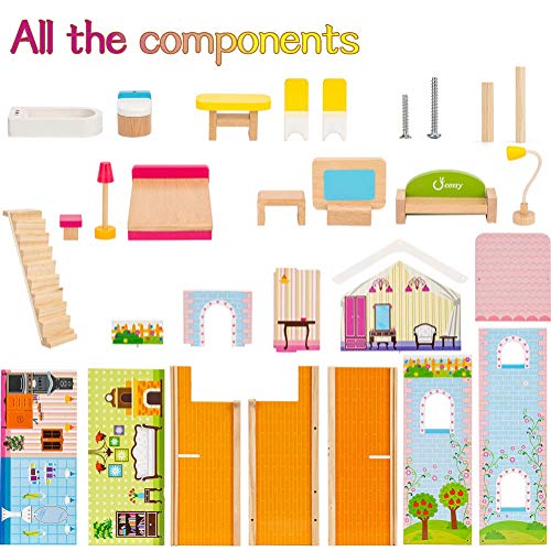 cossy Wooden Doll House with 12 Pieces of Furniture, 3 Levels House with 4 Rooms and Accessories - Thumbnail 4