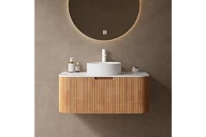 RAINLUX 36'' Bathroom Vanities Cabinet with Sink Combo, Wall Mounted Floating Cabinet W/Curved Edges Stripes, Oak Plywood, Soft-close System with a Drawer, White Round Ceramic Basin - Kiel, Natural Wood