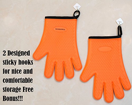 No.1 Set of Silicone Smoker Oven Gloves - Extreme Heat Resistant Washable Mitts for Safe Cooking Baking & Frying at The Kitchen,BBQ Pit & Grill. Superior Value Set + 3 Bonuses (Orange)