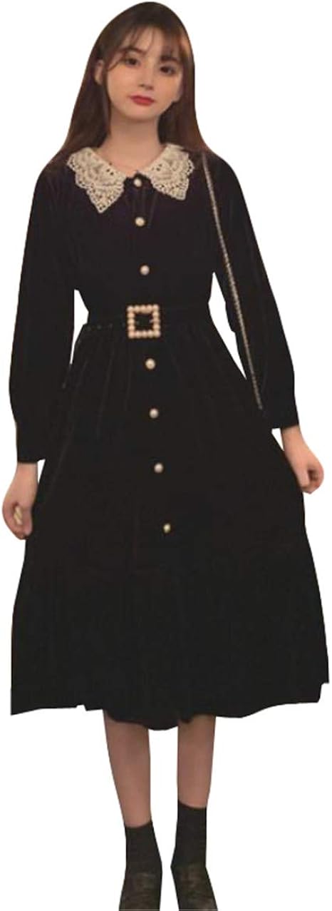 Amazon Co Jp モリミ レディースワンピース レース付き Poloネック ベロア ロングワンピース シングル レトロ ハイウエスト ドレス 春秋冬用 エレガント きれいめ 可愛い 通学 通勤 パーディー 服 ファッション小物