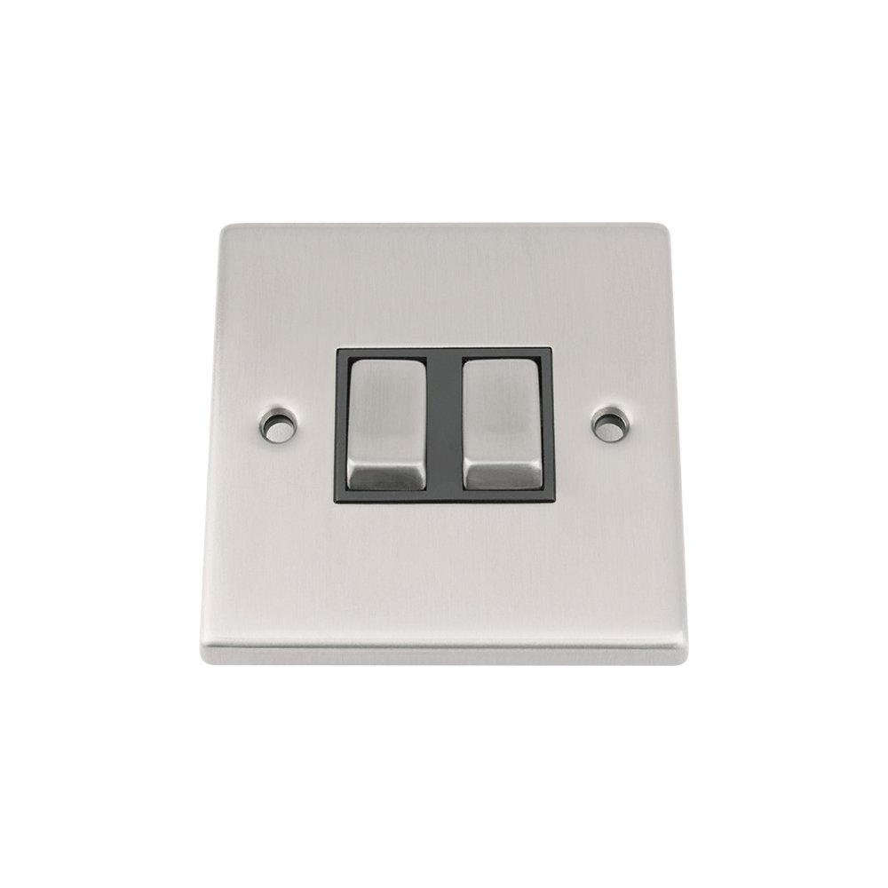 Double Light Switch 2 Gang - Satin Chrome - Square - Black - Metal Rocker Switch - 2 Gang 2 Way 10 Amp