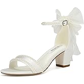 Bow Heels Pearl Wedding Shoes for Bride Low Block Heel Wedding Sandals Open Toe Bridal Shoes