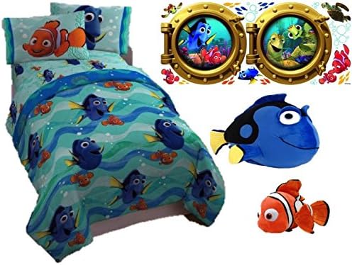 7 pc Dory Reversible Comforter, Twin Sheets, Pillowcase, Blue Dory Plush Pillow, Orange Plush Fish Bank &amp; Removable Wall Stickers, Seven Piece Bundle with a small "To/From" card to offer as a gift