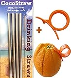 4 Stainless Steel Wide Smoothie Straws + Cleaning Brush + Citrus Peeler - CocoStraw Large Straight Frozen Drink Straw - 4 Pack + Cleaning Brush