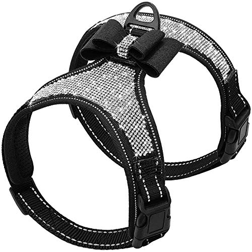 Beirui Soft Fleece Padded Dog Harness for Small Medium Dogs - Cute Rhinestone Dog Vest Harness with Sparkly Bow Tie - Reflective Safety Pet Puppy Harness for Walking and Party (Black,M:Chest 15-20")