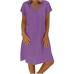 Women's Summer Cotton Linen Dress Loose V-Neck