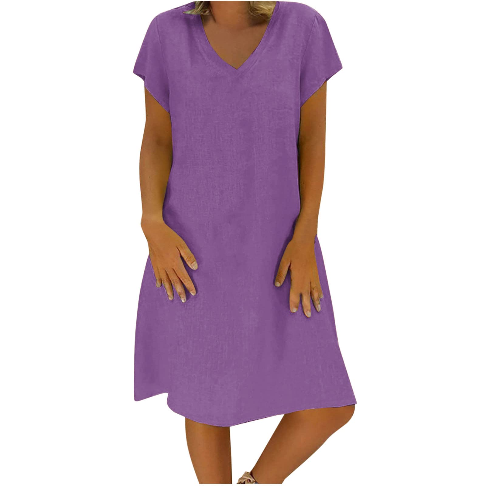 Women's Summer Cotton Linen Dress Loose V-Neck