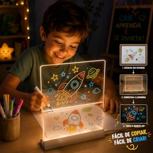 Quadro de Desenho Luminária LED para Escrita com 7 Canetas – Lousa de Mesa para Anotações em Acrílico com Efeito 3D