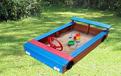 Coemo Sandkasten Auto-Form aus Holz Holzsandkasten Lenkrad Rot Blau