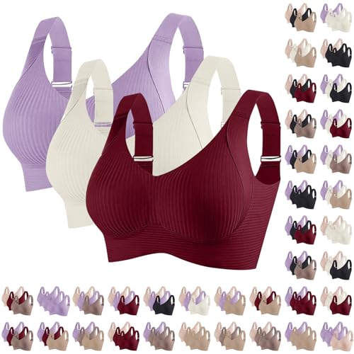 3PCS Seamless Bras for Women 2025 Push Up Adjustable Bras Cozy Ribbed Wireless Full Support Sports Solid Color Bra