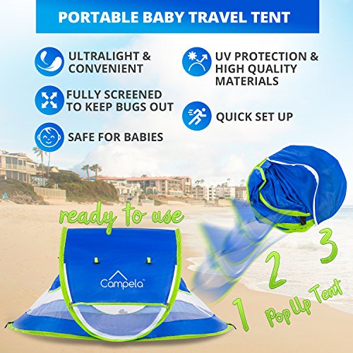 Campela Baby Travel Beach Tent for Infant and Babies - Mosquito Net and Sunshade Portable Newborn Crib Baby Bed Dome Pop up Sun Shelter Anti UV Sun Protection Factor 96.6% - Thumbnail 2