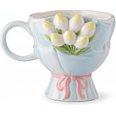 Heardbeli 3D Tulip Ceramic Coffee Mug 12oz, Handmade Flower Cup, Blue | Microwave and dishwasher safe. Handcrafted bouquet design for tea, coffee, and desserts. A charming gift for women.