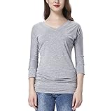 KATE KASIN® Women's Tees 3/4 Sleeve Solid Gray Shirring Drape Tops