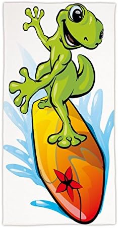 31.49" W x 62.99"L Cotton Microfiber Bath/Hand Towel,Ride The Wave,A Gecko Surfing with the Water Cute Animal Humor Cartoon,Orange Lime Green Sky Blue,Ultra Soft,For Hotel Spa Beach Pool Bath