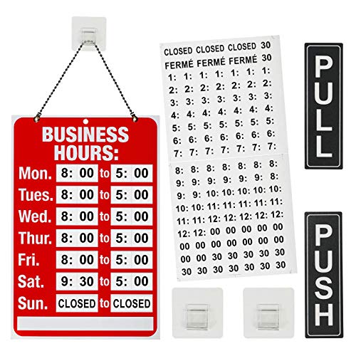 Business Hours Sign, Push Pull Door Signs Kit - Vinyl Number Letter Stickers & 2 Self Adhesive Hooks Included, Ideal Signs Set for Any Business Store Shop Bar Window Office