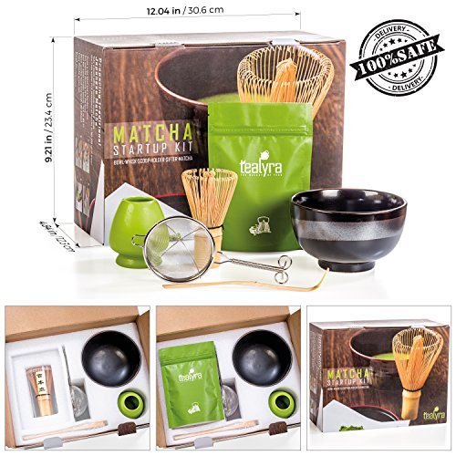Tealyra - Matcha Tea Ceremony Start Up Kit - Complete Matcha Green Tea Gift Set - Premium Matcha Powder - Japanese Made Black Bowl - Bamboo Whisk and Scoop - Holder - Sifter - Gift Box