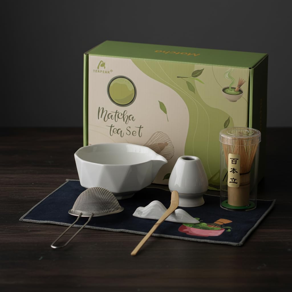 Matcha Whisk Set with Bowl – 8 Pcs Japanese Matcha Set, Ceramic Chawan with Spout, Bamboo Whisk (Chasen), Holder & Accessories | Matcha Making Kit for Tea Ceremony, Lattes & Gifts
