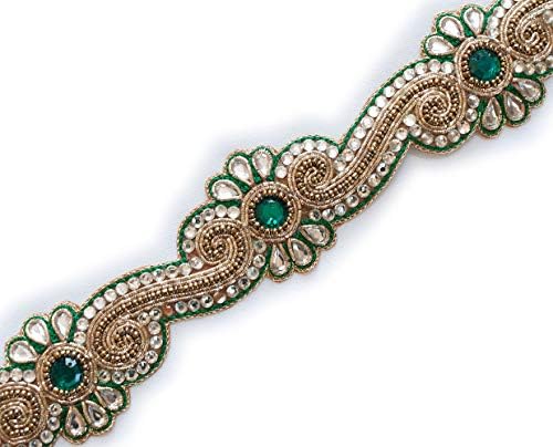 Heritage Trading Green Beaded Sewing Trim Metallic Gold Beads 1” Wide 1.5 Yards