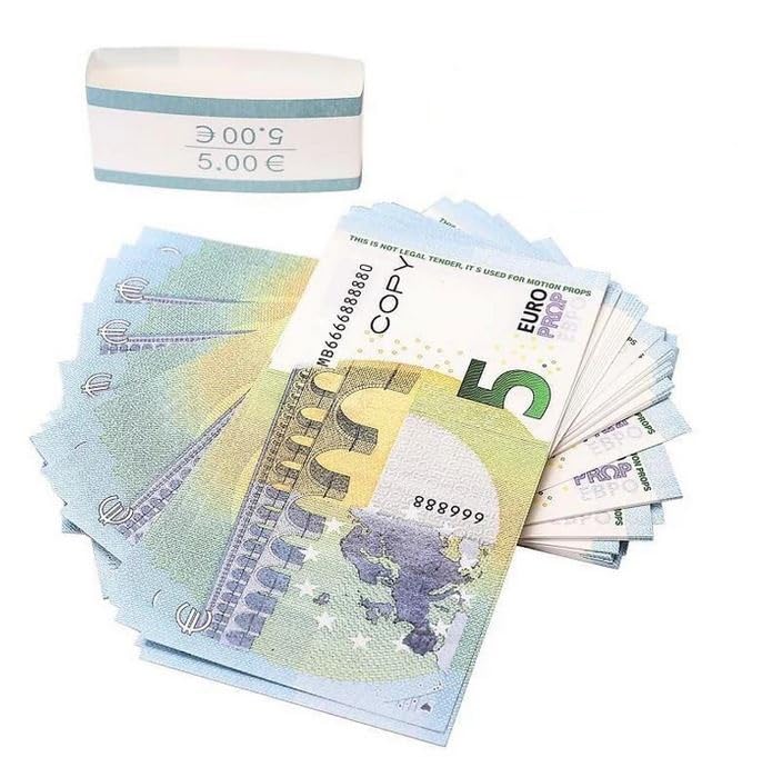 Fake Money Euro Bills, Prop Money Dollars | UK Company | 100 Notes | for Movies, Advertising, Play, Party, Supreme, Gun, Fancy Dress, Casino Games (5 Euro)