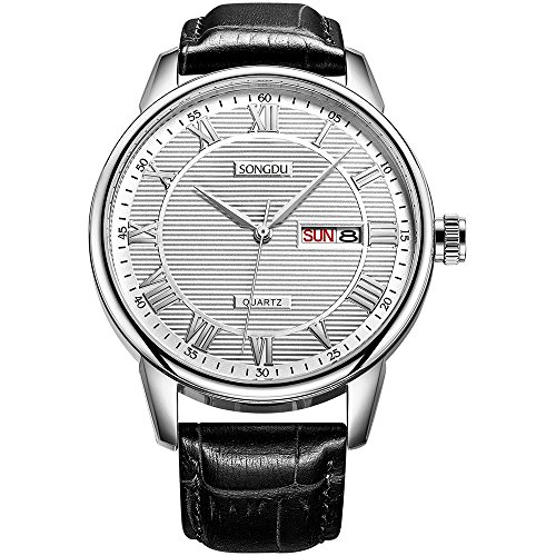 SONGDU Mens Day Date Black Dress Watch Roman Numeral Silver Boyfriend Watches Black Leather Strap SONGDU Mens Day Date Black Dress Watch Roman Numeral Silver Boyfriend Watches Black Leather Strap
