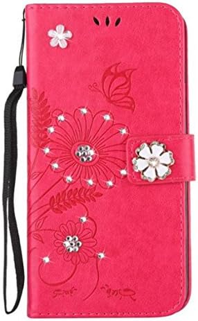 iPhone 6 Glamour Rhinestone Case,Inspirationc 3D Handmade Shiny Glitter Butterfly Lotus Case PU Leather Credit Card Stand Wallet Cover with Strip for iPhone 6/6S 4.7 Inch--Rose Red