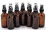 12, Amber, 2 oz Glass Bottles, with Black Fine Mist Sprayers