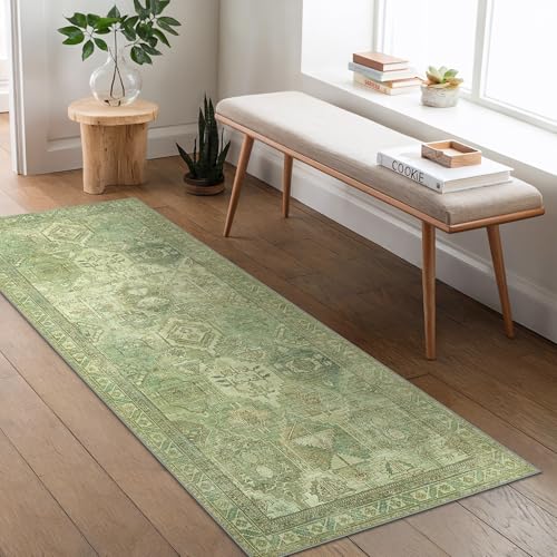 BEIMO Läufer Flur 80x300cm, Vintage Waschbarer Teppich Grasgrün