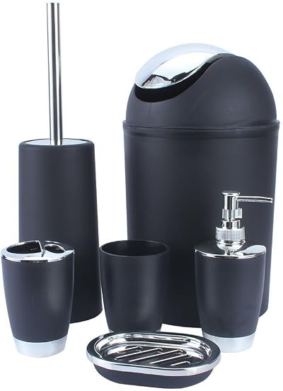 Shine Bathroom Set 6 Piece Accessory Black Waste Bin 4L Soap Dish Dispenser