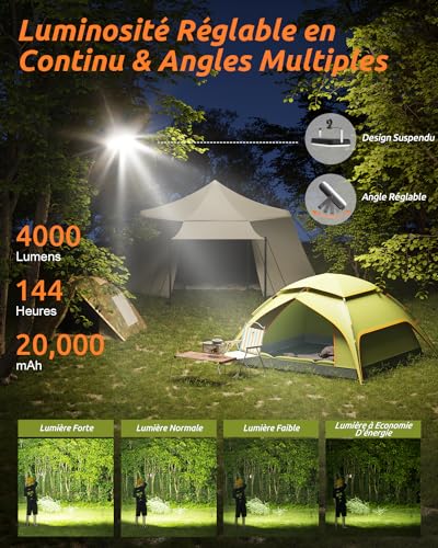 Eventek Camping Lamp 4000LM, 20000mAh Power Bank Up to 144 Hours, 4 Lighting Modes, IPX5 Waterproof Rechargeable Camping Lamp for Tent, Hurricane, Hiking, Emergency, Breakdown, Work