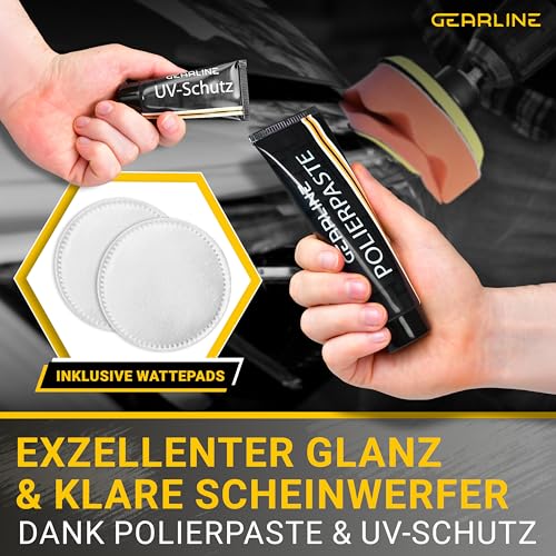 GEARLINE Headlight Treatment Set [24 Pieces] - Polishing Set for Matte and Blind Headlights - Includes UV Protection, Polishing Paste, Adapter and 14 Sanding Discs - Car Polishing Set for Preparation