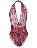 ADOME Women One Piece Lingerie Lace Teddy V Neck Bodysuits Halter Babydoll, Style 1-dark Red, Medium