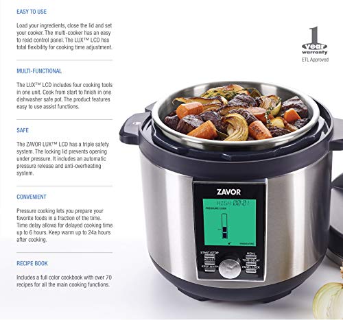 Zavor LUX LCD 4 Quart Programmable Electric Multi-Cooker: Pressure Cooker, Slow Cooker, Rice Cooker, Yogurt Maker, Steamer and more - Stainless Steel (ZSELL01)