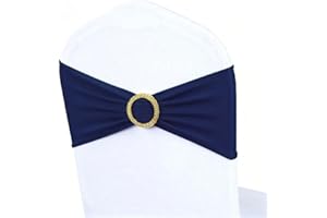 MAGTOWNE Navy Blue Chair Sashes 50 Pack with Gold Buckle Slider, Spandex Dark Blue Bands Bows for Folding Chairs Gender Reveal Banquet Décor