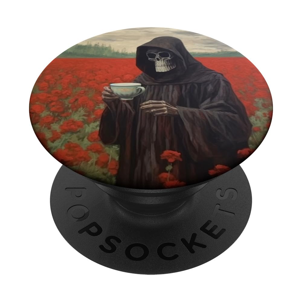 Grim Reaper Drink Coffee In A Geranium Flower Field PopSockets Swappable PopGrip