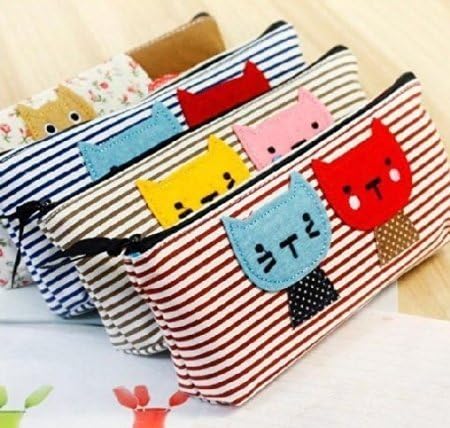 Phonecase Home 4 Pack Adorable Cute Cat Stripe Pattern Design Canvas Pencil Stationery Pouch Pocket Pen Case Little Cosmetic Bag