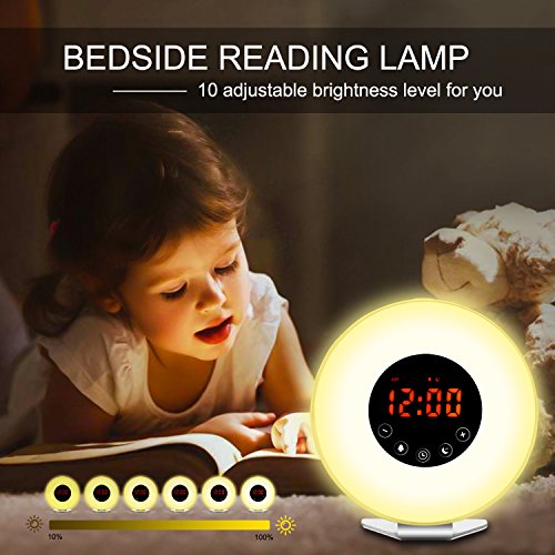 Wake Up Light Alarm Clock by Smarlance,Digital Sunrise Simulation Alarm Clock -【2018 Upgraded】-with 6 Alarm Sounds,FM Radio,7 Color Lights,Sunrise&Sunset Simulation and USB Charger